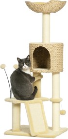 Arranhador  para gatos com 116 cm de altura, com casinha, cesto, plataformas, pompons de pelúcia e jacintos de água - bege