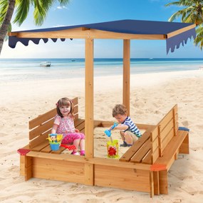 Caixa de areia de madeira para crianças com toldo 2 bancos convertíveis com cobertura sem fundo para pátio, relvado, jardim e praia