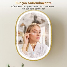 Armário de Casa de Banho com Espelho e Luzes LED de 3 Cores Armário de Parede Oval com Memória e Função Antivapor Dourado