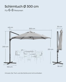 Guarda-sol Jardim Ø 300 cm UPF 50+ com manivela e base em cruz Cinzento