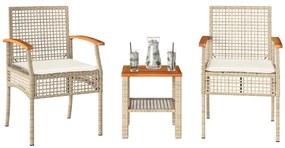 Conjunto de bistrô com almofadões 3 pcs vime PE e acácia bege