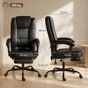 Cadeira de escritório ergonómica, cadeira de escritório reclinável em PU com apoio para os pés retrátil, altura ajustável, preta