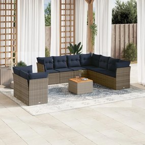 vidaXL 10 pcs conjunto sofás p/ jardim c/ almofadões vime PE cinzento
