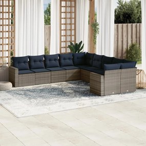 10 pcs conjunto sofás p/ jardim c/ almofadões vime PE cinzento