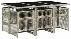 7 pcs conj. jantar p/ jardim c/ almofadões vime PE cinza-claro