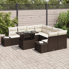 Conjunto de Sofás de Jardim com 9 Peças e Almofadas Castanho em Rattan