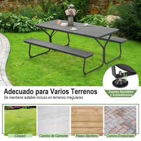 Conjunto de mesa de piquenique para exterior e 2 bancos para 8 adultos com estrutura metálica e tampo de mesa em PEAD para jardim, pátio e campismo Ci