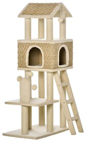 PawHut Árvore Arranhadora para Gatos Grande Altura 131cm com Caverna Postes de Sisal Natural Plataformas 69x40x131cm Bege