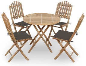 5 pcs conj. de jantar dobrável c/ almofadões p/ exterior bambu