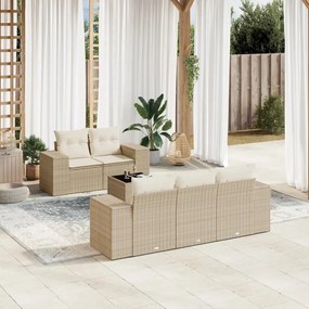 6 pcs conjunto de sofás p/ jardim com almofadões vime PE bege