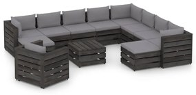 12pcs conj. lounge jardim + almofadões madeira impreg. cinzento