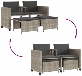 Sofá de jardim 2 lugares com mesa e bancos vime PE cinza-claro