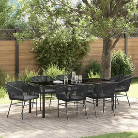 vidaXL Conjunto de Jantar de Jardim 7 Peças com Almofadas Pretas de Rattan e Poliéster.