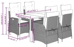 5 pcs conjunto de jantar p/ jardim c/ almofadões vime PE preto