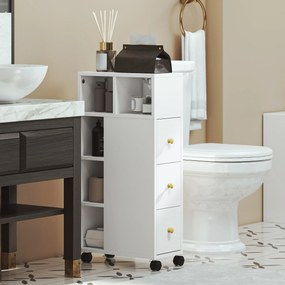 Móvel de casa de banho com rodas, móvel de arrumação estreito, 3 gavetas, 5 compartimentos abertos, 20 x 40 x 80 cm, branco