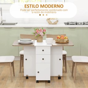 Mesa de jantar dobrável com Rodas 120x60x76,5 cm (CADEIRAS NÃO INCLUIDAS) com 2 Gavetas e Armário Mesa Auxiliar Multifuncional  Branco