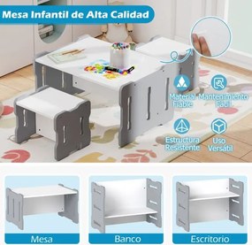 Conjunto de mesa e cadeira para crianças Conjunto de 3 peças para crianças pequenas com 2 bancos e mesa de atividades Cinzento