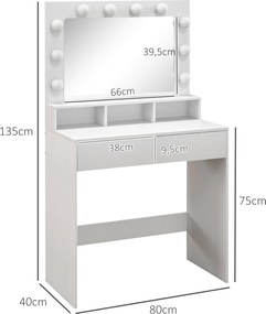 Toucador de Maquilhagem com Espelho Hollywood, 80 x 40 x 135 cm, 10 Lâmpadas com 3 Modos de Iluminação, Branco