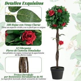 Árvore artificial 92 cm decorativa planta de camélia falsa com 12 flores vermelhas 180 folhas