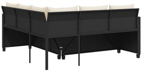 Sofá de jardim em forma de L c/ mesa e almofadões vime PE preto