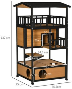 Casa para Gatos de Madeira 75,5x75x137 cm Abrigo para Gatos com Telhado Asfáltico Plataformas e Ninho Natural