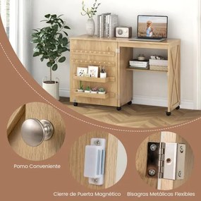 Mesa de Costura Dobrável Multifuncional Estante Compacta 2 Tabuleiros e 18 Pinos Armário de Costura com Porta e 5 Rodas Natural
