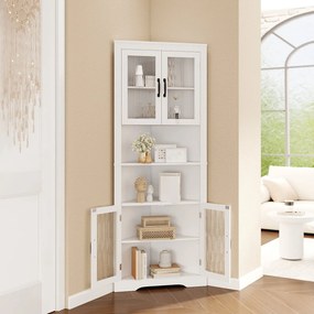 Armário de canto alto cozinha 66 x 35 x 171 cm de 6 níveis com portas de vidro e prateleiras ajustáveis em 3 posições Branco
