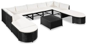 12 pcs conjunto lounge de jardim c/ almofadões vime PE preto