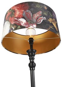 Candeeiro de pé preto com cúpula de veludo flores dourado 50 cm - Clássico Clássico / Antigo