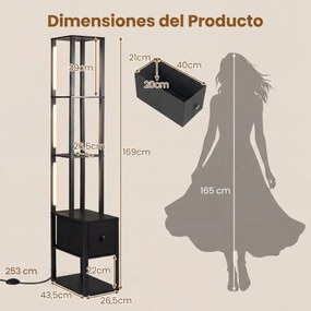Candeeiro de pé moderno com prateleiras e gaveta Mesa auxiliar com brilho ajustável para sala de estar, quarto, escritório, casa Preto