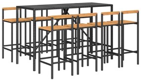 9 pcs conjunto de bar p/ jardim vime PE/acácia maciça preto
