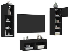 vidaXL 4 pcs móveis de parede para TV com luzes LED preto