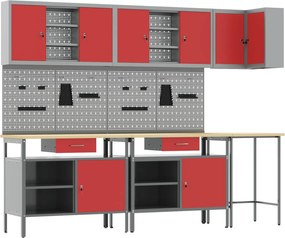 vidaXL Conjunto de Armários de Trabalho Manual 10 pcs Vermelho e Cinza