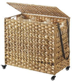 Cesto de roupa suja tecido à mão SONGMICS com tampa, cesto de roupa suja estilo rattan com 3 compartimentos separados, alças, sacos de forro removíveis, para sala de estar, banheiro, lavanderia, natural LCB083N01