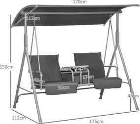 Baloiço de jardim de 2 lugares com toldo inclinável, tabuleiro central e 2 suportes para copos – 175 x 112 x 158 cm – cinzento