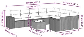 10 pcs conj. sofás jardim com almofadões vime PE castanho