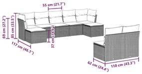 9 pcs conjunto sofás p/ jardim c/ almofadões vime PE castanho