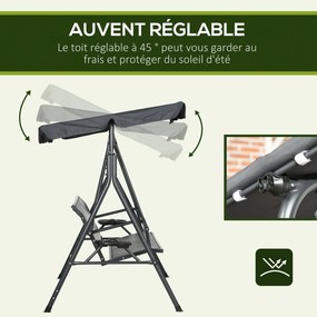 Baloiço de jardim de 3 lugares com teto de inclinação ajustável, porta-copos e tabuleiros, assento e encosto ergonómicos