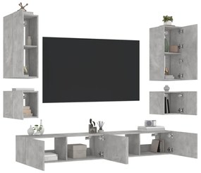 6 pcs móveis de parede para TV com luzes LED cinzento cimento