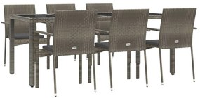 7 pcs conjunto de jantar p/ jardim c/ almofadões vime PE cinza