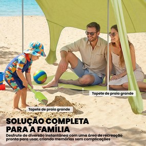Tenda de Praia Dobrável com Tapete UPF50+ Postes de Alumínio Pá Estacas e Bolsa de Transporte 208x200 cm Verde
