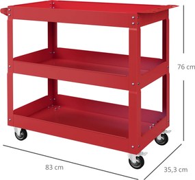 Carrinho de Ferramentas com Rodas 3 Prateleiras de Armazenamento e Alça Lateral 83x35,3x76 cm Vermelho