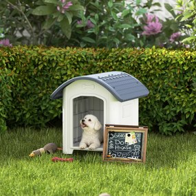 Casota para cães de exterior de plástico 71 x 60 x 63 cm com piso elevado e removível, telhado impermeável, cinzento