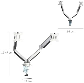 Vinsetto Suporte para Monitor Duplo para Telas LED LCD de 13"-32" Polegadas VESA 75/100mm com Braçadeira Ajustável Giratório 360° e 2 Opções de Montagem 93x11x47cm Prata
