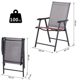 Conjunto de 2 cadeiras dobráveis para exterior Com braços Cadeiras para varandas Jardim Terraço 58x64x94 cm Cinzento Carga 100kg