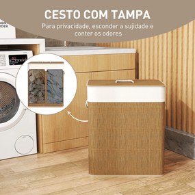 Cesto de Roupa com Tampa 100L de Bambu com 2 Compartimentos Bolsa Interior Amóvivel 52x32x63 cm Castanho e Creme