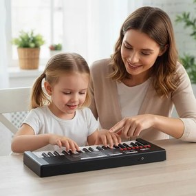 Teclado de piano para crianças elétrico portátil de 37 teclas com 8 ritmos, 8 tons e 22 demos Instrumento musical eletrónico Preto