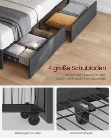 Estrutura de cama casal 180 x 200 cm (COLCHÃO NÃO INCLUIDO) em metal com iluminação LED nas gavetas e cabeceira cinzento escuro