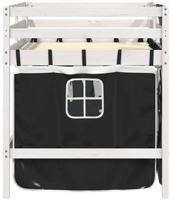 Cama alta criança c/ cortina 90x190cm pinho maciço branco/preto