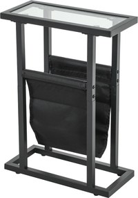Mesa auxiliar estreita 40 x 18 x 55,5 cm, mesa de canto em metal com porta-revistas e tampo em vidro temperado, preta